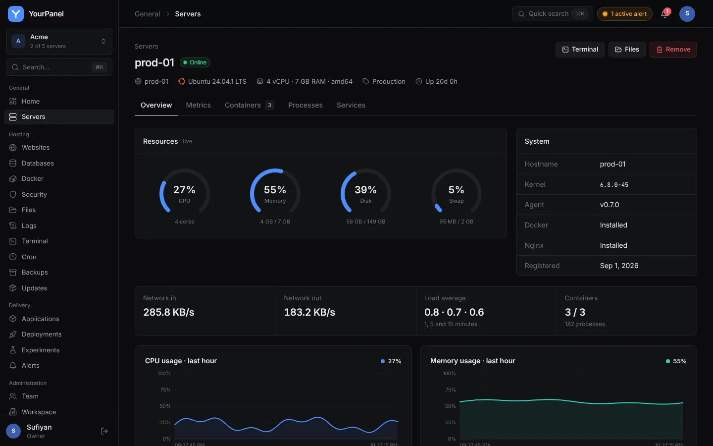Server prod-01 with CPU, memory, disk and swap gauges, system details and network stats