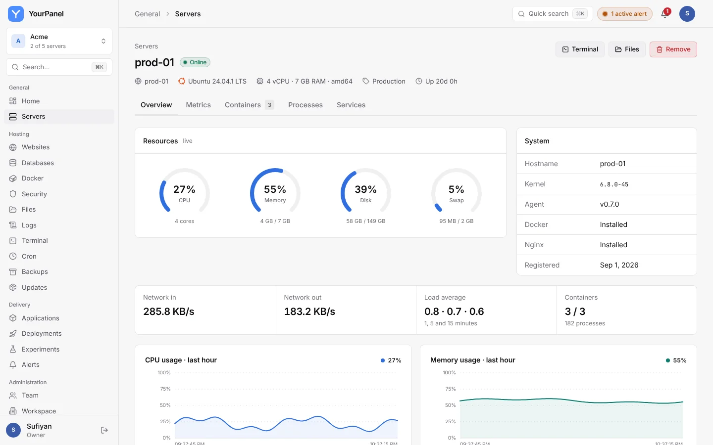 Server prod-01 with CPU, memory, disk and swap gauges, system details and network stats